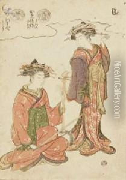 Chuban Tate-e, Deux Geisha, L'une Debout, L'autre Assise Jouant Du Samisen. Oil Painting - Kitao Shigemasa