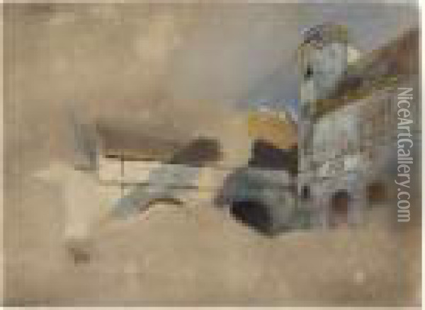 Vue Esquissee Du Manoir D'ango A Varengeville, Pres De Dieppe Oil Painting - Eugene Isabey
