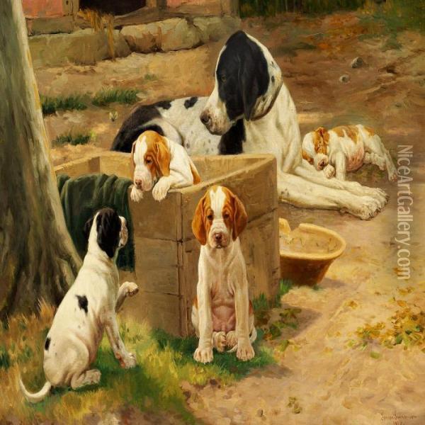 The Pointer Asor With Her Four Puppies Oil Painting - Simon Simonson