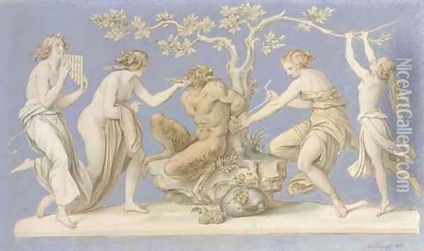 Four nymphs tying Pan to a tree Oil Painting - Moritz Ludwig von Schwind