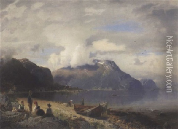 Fjordlandskap Med Strand, Bat Og Mennesker Oil Painting - Georg Anton Rasmussen