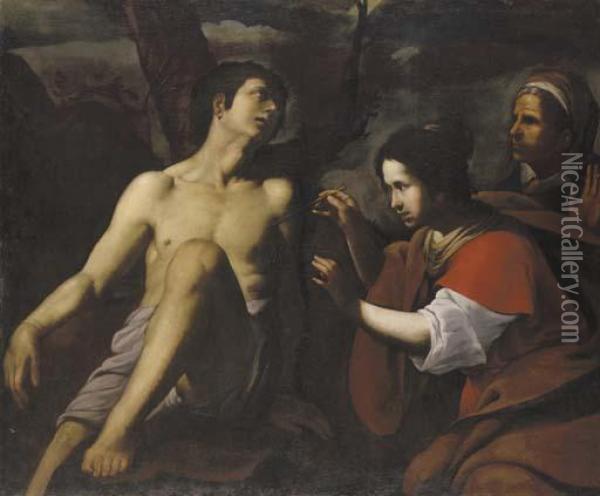 Saint Sebastian Tended By Saint Irene Oil Painting - Master Of Fontanarosa