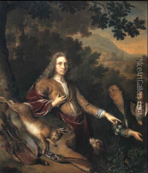 Portrait Of A Sportsman With A Page, Hound And His Catch Oil Painting - Willem van Mieris