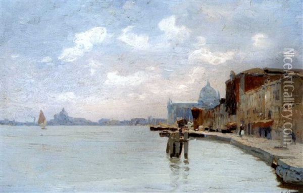 Venedig - La Giudecca Mit Der Kirche San Giorgio Maggiore, Im Hintergrund Die Silhouette Von Venedig Oil Painting - Guglielmo Ciardi
