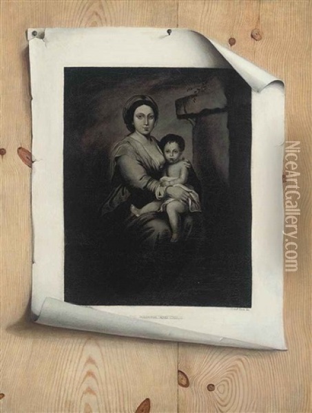 A Trompe L'oeil With A Mezzotint Of The Madonna And Child (after Bartolome Esteban Murillo) Oil Painting - Strickland Lowry
