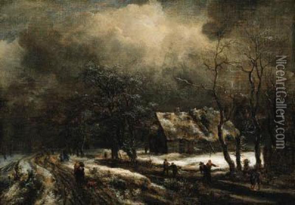 A Winter Landscape Oil Painting - Jacob Van Ruisdael
