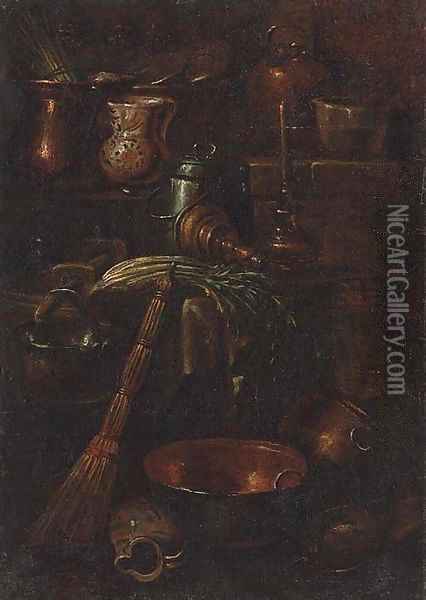 A bell, celery, ceramic pots and copper cooking vessels in a kitchen interior Oil Painting - Gian Domenico Valentino