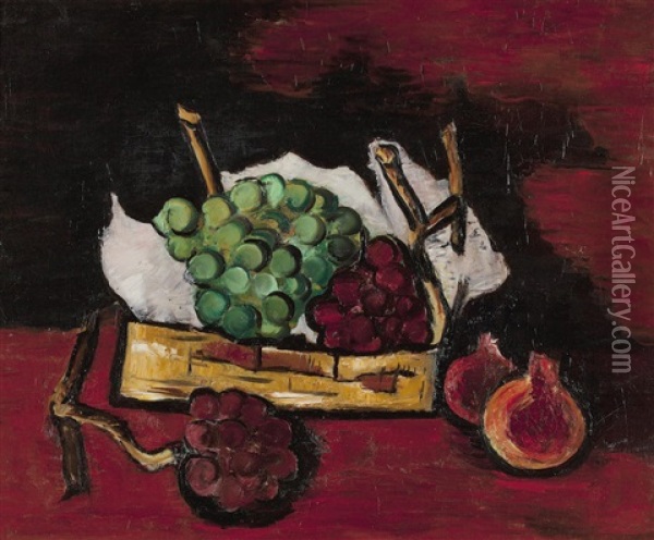 Green And Purple Grapes In A Basket Oil Painting - Marsden Hartley