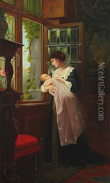 Interior With A Woman And Her Child By The Window Oil Painting - Ernst Anders
