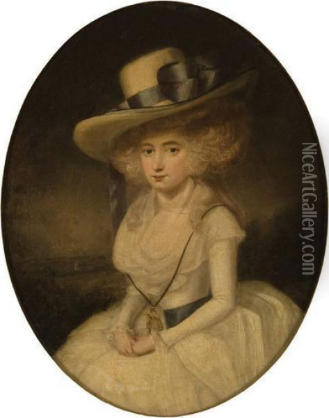Portrait Of A Lady In A White Dress And Hat. Oil Painting - John Downman