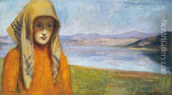 Young Lady With A Yellow Scarf Oil Painting - Karoly Kernstok
