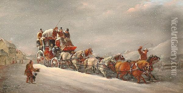 A Winter Coaching Scene. Oil Painting - John Charles Maggs