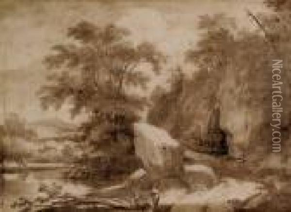 Baumbestandene Flusslandschaft, Mit Figurenstaffage Oil Painting - Theodore Caruelle d' Aligny