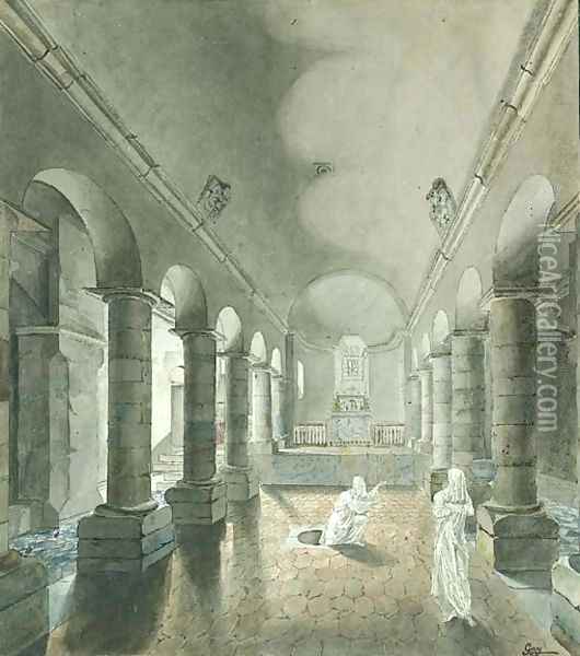 Two Ghosts appearing from a Tomb in the Crypt of a Romanesque Church Oil Painting - Jean-Joseph-Pascal Gay