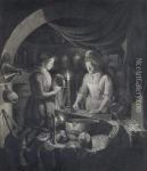 Two Women At Work In A Candlelit Interior Oil Painting - Michiel Versteegh