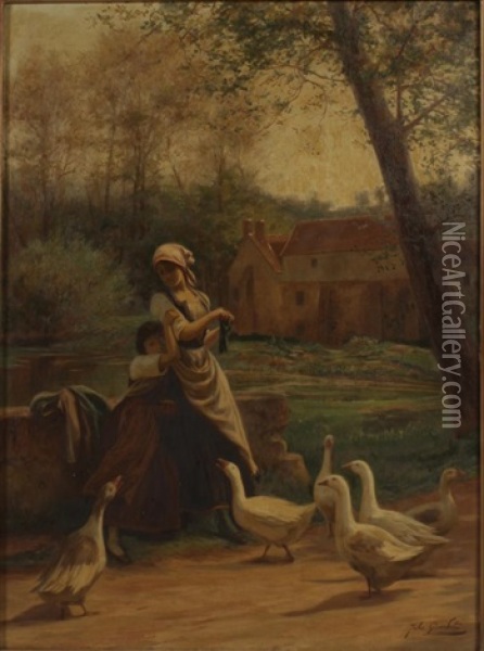 Geese And Girls Oil Painting - Jules Girardet