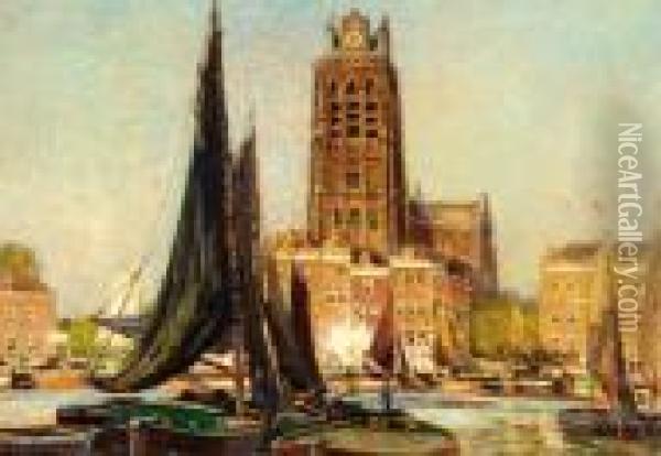 The Harbour Of Dordrecht Oil Painting - Heinrich Hermanns