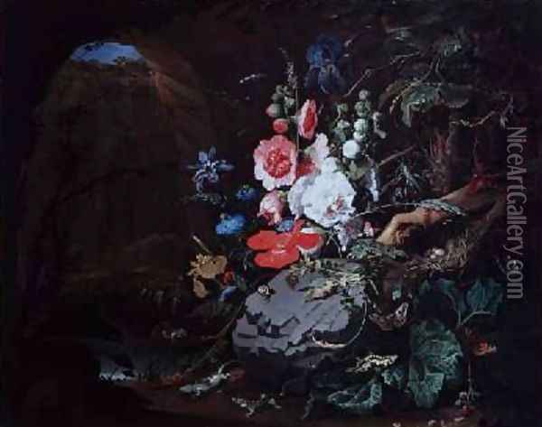 Flowers and birds in a cave Oil Painting - Abraham Mignon