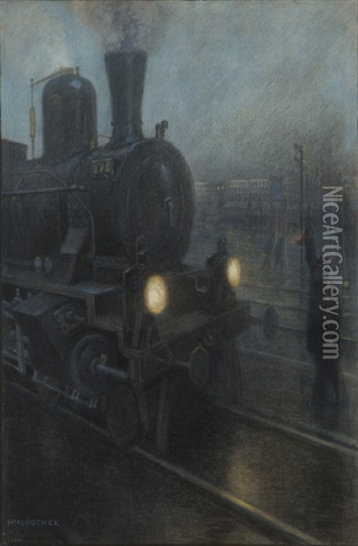 Cyclus Die Eisenbahn / No. 6, !halt.! Oil Painting - Hans Baluschek