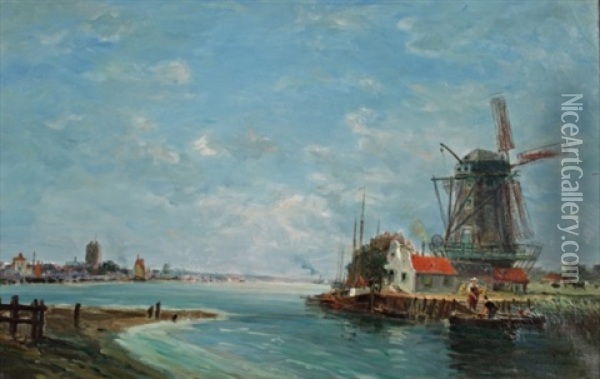 Le Moulin Pres De Dordrecht Oil Painting - Gaston Marie Anatole Roullet