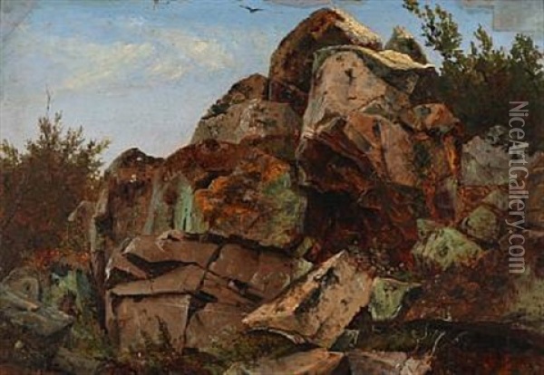Klippeparti. Bornholm Oil Painting - Anton Edvard Kjeldrup