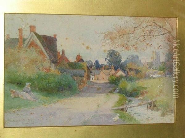 Country Village Lane With Brook Oil Painting - Thomas Mackay