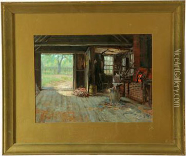 Old Blacksmith Shop Oil Painting - John Ward Dunsmore