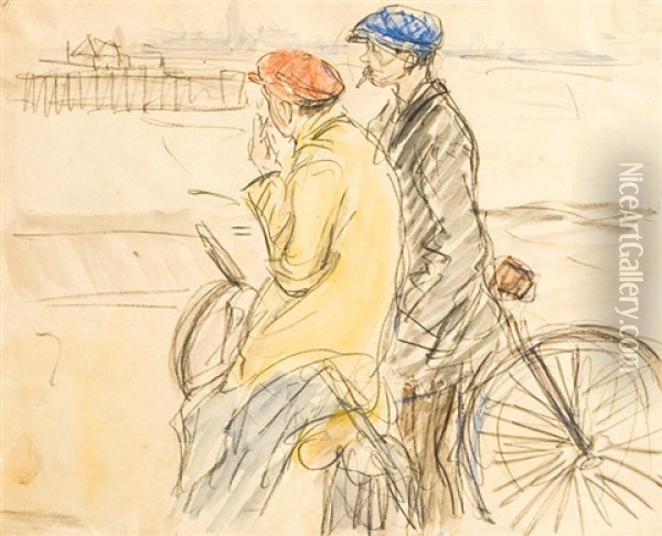 Deux Cyclistes Fumant La Cigarette A La Rive Oil Painting - Eugene van Mieghem