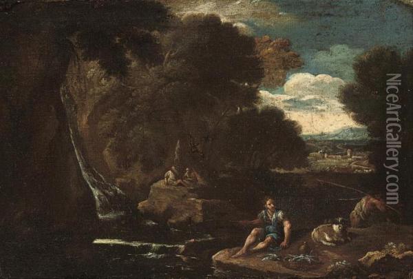 An Italianate Wooded River Landscape With Travellers At Rest Oil Painting - Pieter the Younger Mulier