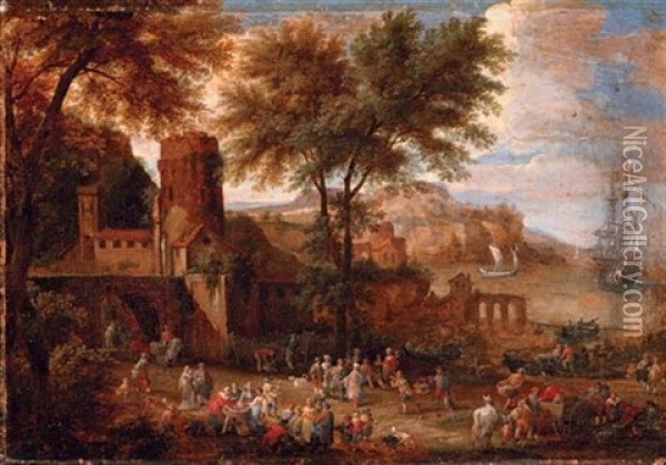 Figures Outside A Town Wall With A Bay Beyond (collab. W/pieter Bout) Oil Painting - Adriaen Frans Boudewyns the Elder