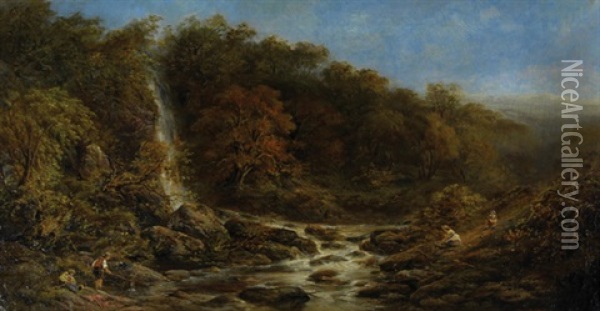 Pistyll Rhaeadr - Fishing And Gathering Berries At The Foot Of The Tallest Waterfall In Wales Oil Painting - John Joseph Hughes
