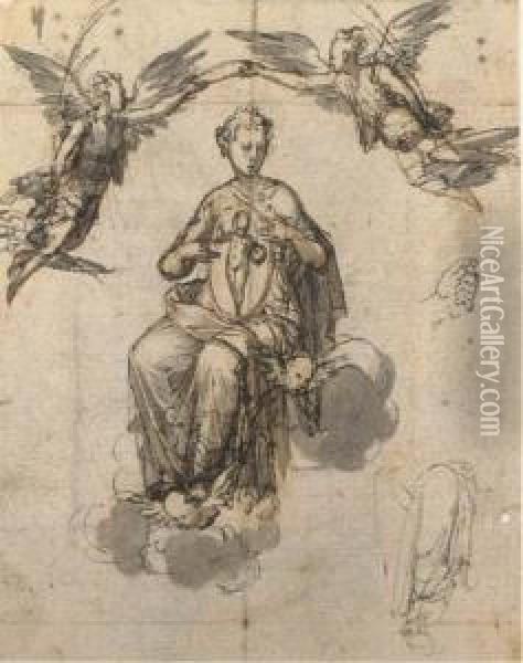 La Vierge Couronnee Par Deux 
Anges Avec Des Etudes Subsidiairesd'une Main Et D'une Jambe Drapee Oil Painting - Francesco Brizio