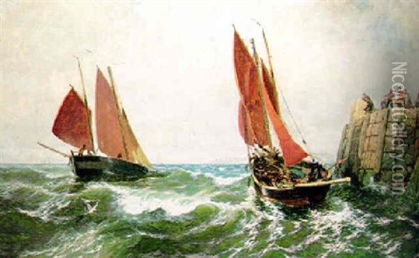 Herring Boats Going To Sea, Peel Harbour, Isle Of Man Oil Painting - Thomas Rose Miles