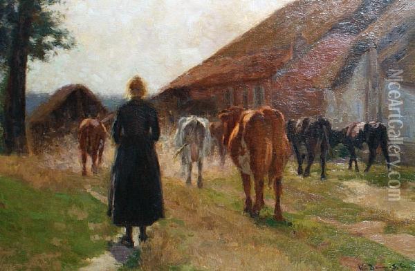 Bringing In The Herd Oil Painting - Emile Van Damme-Sylva