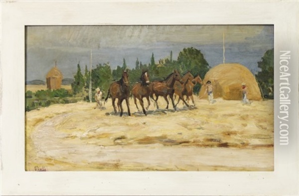 Paesaggio Campestre Con Cavalli E Contadini - Country Landscape With Horses And Farmers Oil Painting - Luigi Gioli