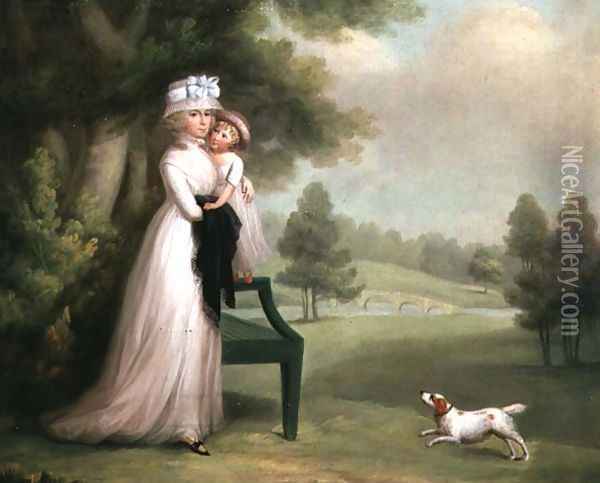Woman and Child in Park Oil Painting - Richard Cosway