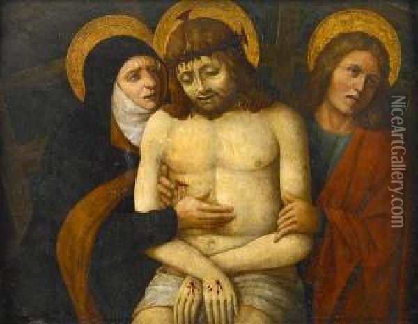 The Dead Christ Supported By Mary And Saint John The Evangelist Oil Painting - Giovanni Bellini