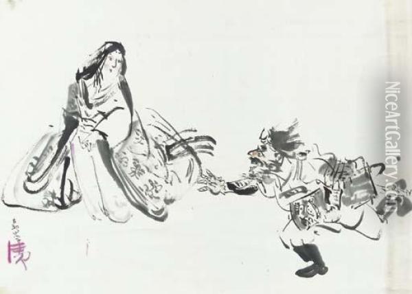 Otafuku And Demon Oil Painting - Kobayashi Kiyochika