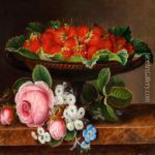 Still Life With Strawberries In A Greek Bowl And A Bunch Of Pink Roses Oil Painting - I.L. Jensen