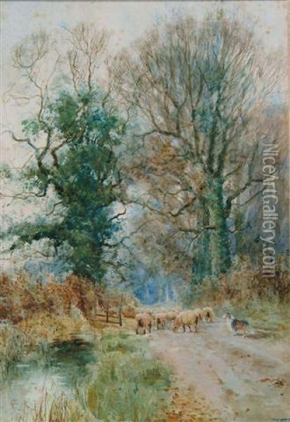 A Sheepdog And Sheep On A Country Road By An Open Gate Oil Painting - Henry Charles Fox
