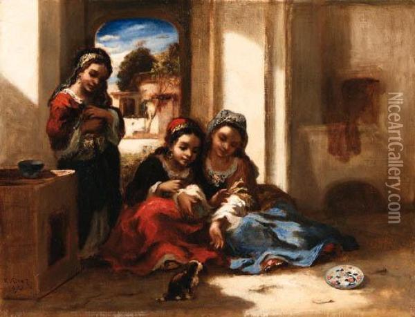 Arab Children Playing Oil Painting - Narcisse-Virgile D Az De La Pena