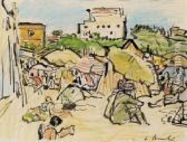 On The Beach, Juan-les-pins Oil Painting - George Leslie Hunter