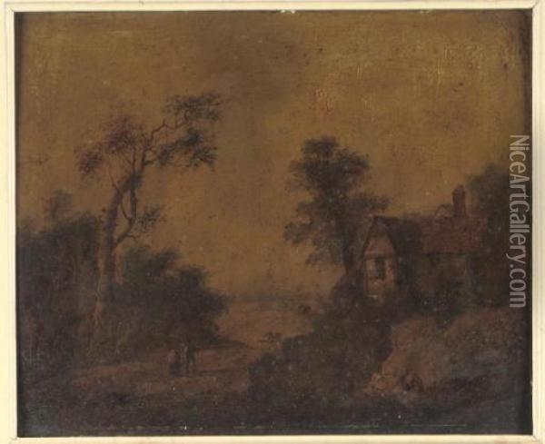 A Wooded Landscape With Figures On A Country Path By A Cottage Oil Painting - Thomas Smythe