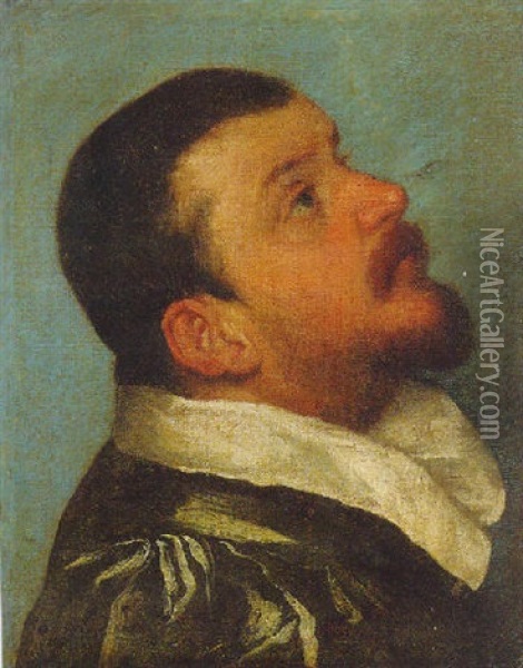 Portrait Of A Gentleman Looking Upwards Oil Painting - Giovanni Battista Moroni