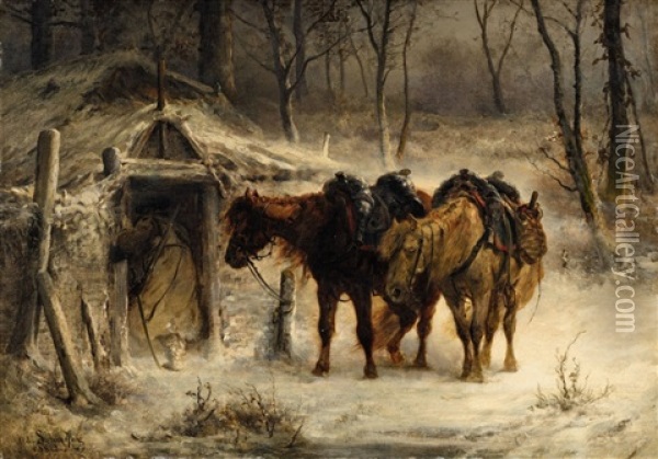 Winter Landscape With A Huntsman And Horses Oil Painting - Adolf Schreyer