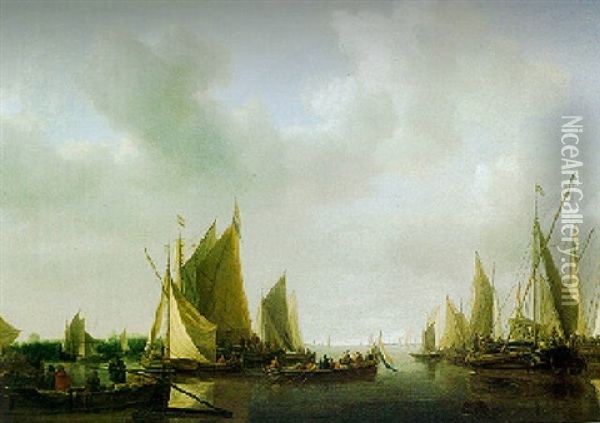 Ships In A Calm Estuary Oil Painting - Jan Van De Cappelle