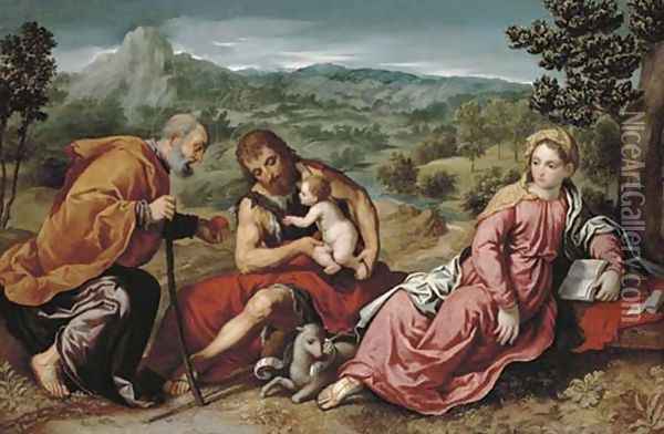 The Holy Family with Saint John the Baptist in an extensive landscape Oil Painting - Paris Bordone