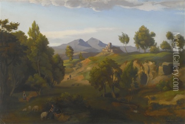 Landscape With Faun, Flock Of Sheep And Resting Shepherds Oil Painting - Gottlob Friedrich Steinkopf