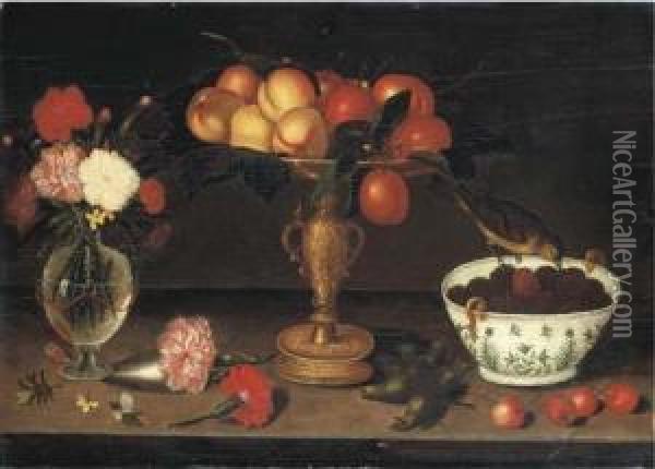 Peaches And Plums In A Tazza And
 A Finch Eating Blackberries From Aporcelain Bowl With Gilt Handles And A
 Facon-de-venise Vase Withcarnations And Wallflowers, On A Ledge With 
Cherries, Seedheads,pine Needles And A Butterfly Oil Painting - Francesco Codino