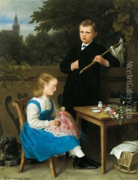 Die Geschwister Oil Painting - Emil Teschendorff